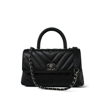 19K Black leather Chevron Quilted Small Coco Handle Ruthenium Hardware