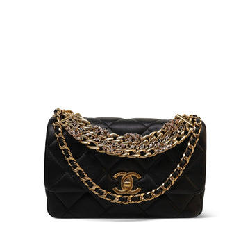 24C Black leather Quilted CC Crystal Chain Flap Bag Aged Gold Hardware