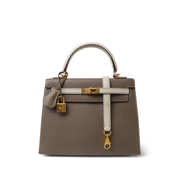 Kelly 25 Bi-Color Horseshoe (HSS) Etoupe/Craie leather  C Stamp