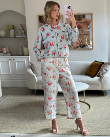 Prada Baby Blue Silk Floral High-Rise Pants Size IT 44 (UK 12)