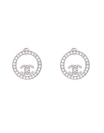 Chanel Silver Crystal Round CC Pierced Earrings