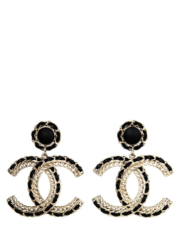 Chanel 2022 Gold/Black Leather Large hanging CC Earrings