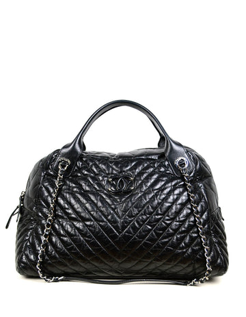 Chanel Black Aged Calfskin Leather Chevron Large Soft Bowling Bag
