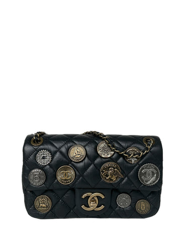 Chanel Black Calfskin Leather Quilted World Coin Charm Flap Bag