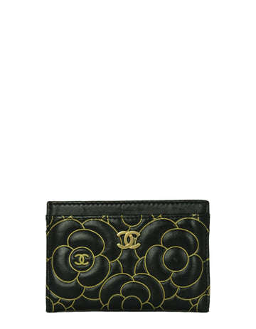 Chanel Black Goatskin Camellia Embossed Card Holder