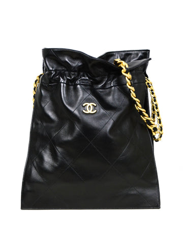 Chanel 2020 Black Shiny Lambskin Leather Chain Drawstring Tote Bag