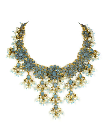 Rare Chanel 90s Vintage Blue Gripoix & Faux Pearl Statement Necklace
