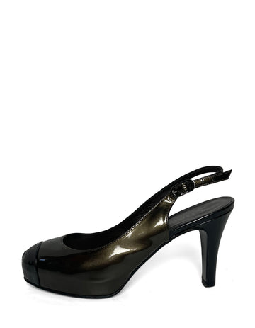 Chanel Bronze  Leather CC Captoe Metallic Slingbacks sz 38