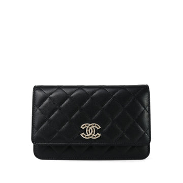 24P Black leather Quilted Wallet on Chain CC Logo WOC Light Gold hardware