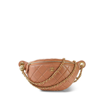 24K Caramel leather Quilted Pearl Crush Waist Bag Aged Gold Hardware