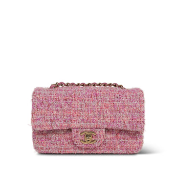 24P Pink White Tweed Quilted Mini Rectangular Flap Light Gold Hardware