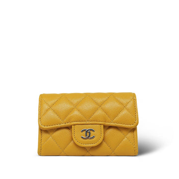 Yellow leather Quilted Classic Flap Card Holder Light Gold Hardware