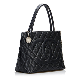 Chanel Medallion Tote Bag Black Leather Silver