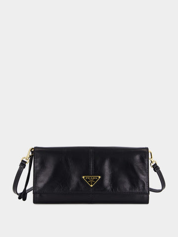 Black Leather Wallet with Shoulder Strap
