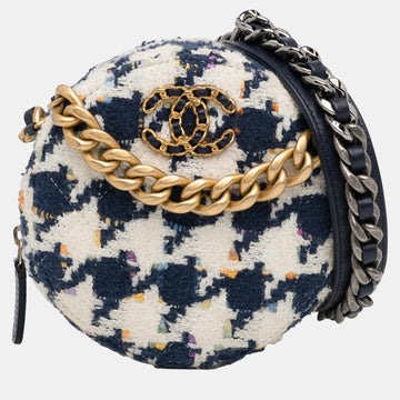 White Tweed 19 Round Clutch with Chain