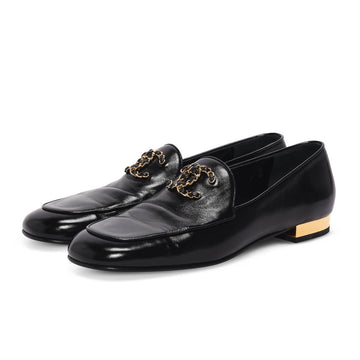 Chanel Black Glazed Goatskin Chain CC Loafers 41