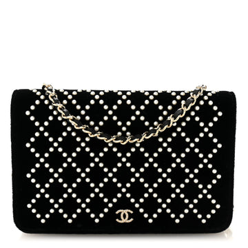 Velvet Pearl Diamond Embellished Wallet On Chain WOC Black