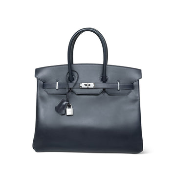 Birkin 35 Navy Box leather Palladium Plated G Square Stamp