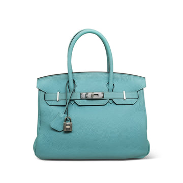 Birkin 30 Bleu Atoll leather Palladium Plated X Stamp