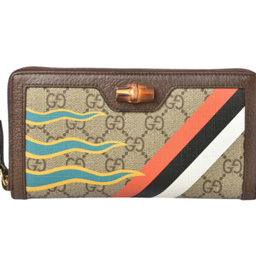 Gucci Beige Brown Gg Supreme Leather Bamboo Long Wallet (Bi-Fold)