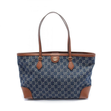 Gucci Brown Navy Denim Leather Tote Bag