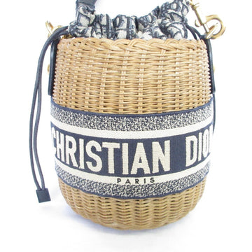 Drawstring Bucket Bag Wicker with Oblique Canvas