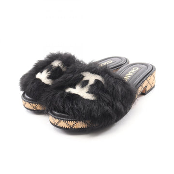 Chanel Coco Mark Leather Fur Sandals