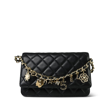 Black leather Quilted Coco Charms Wallet on Chain WOC Light Gold Hardware