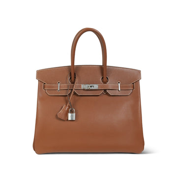 Birkin 35 Gold leather Palladium Plated L Square Stamp