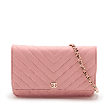 Top Quality Chanel V Stitch Leather S Chain Wallet Pink Gold