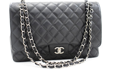 CHANEL Leather Grained Calfskin Flap Chain Shoulder Bag Black 13" i90