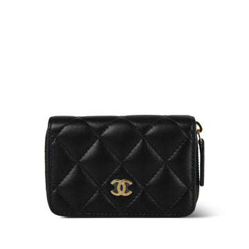 Black leather Quilted Zip Coin Purse GHW