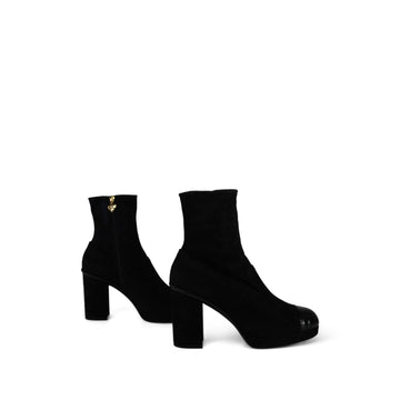 23B Black Suede/Patent Cap Toe Ankle Boots Gold Heart Zipper Size 41.5