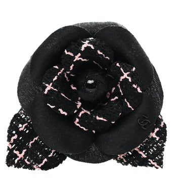 Tweed Camellia Pin Brooch Black Pink