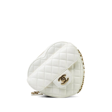 22S White leather Quilted Heart Bag Large Light Gold Hardware