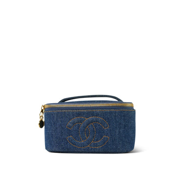 Blue Denim Quilted Timeless Vanity Case Gold Hardware