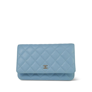 23A Blue leather Quilted Wallet on Chain WOC Light Gold Hardware