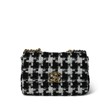 Black/White/Ecru Ribbon Tweed Houndstooth 19 Flap Mixed Hardware Small