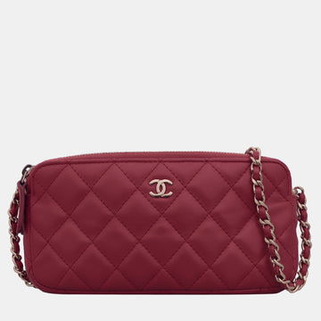 Red Leather Double Zip CC Clutch on Chain