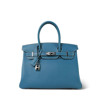 Birkin 30 Blue Jean leather Palladium Plated J Square Stamp