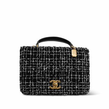 Black White Tweed Quilted Top Handle Full Flap Aged Gold Hardware