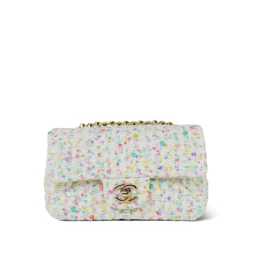 23S White/Light Yellow/Multicolor Sequin Tweed Quilted Mini Rectangular Flap Light Gold Hardware
