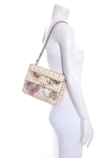 Valentino Ivory Rockstud Sequin Butterfly Handbag