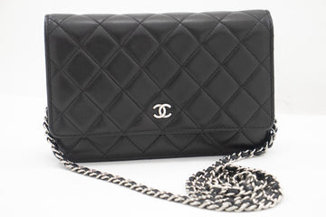 CHANEL Black Classic Wallet On Chain WOC Shoulder Bag Leather j35