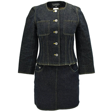 Top Quality Chanel Spring 1996 Setup Suit Collarless Jacket Skirt Leather/denim Indigo #38