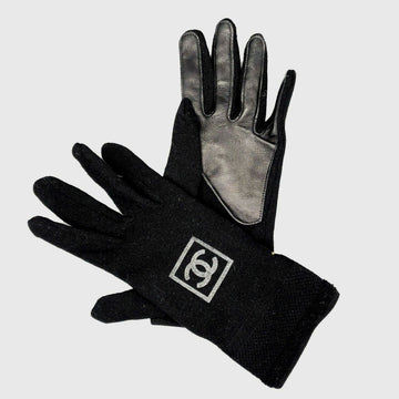 Top Quality Chanel - Knit Wool Leather Black Leather - Sport Gloves - CC Logo - Size M
