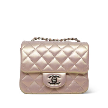 21K Pink Iridescent leather Quilted Mini Square Flap Silver Hardware