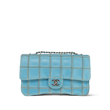 Blue Reverse Stitch leather Quilted Single Flap Bag Silver Hardware