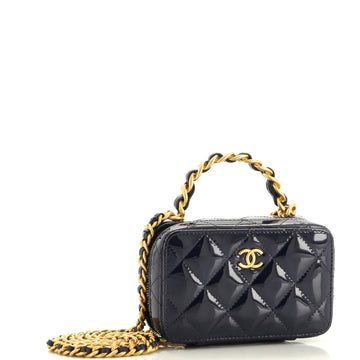 Woven Chain Top Handle Vanity Case Quilted Patent Mini