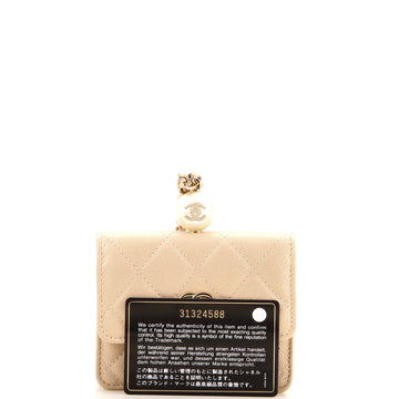 CC Pearl Coin Card Holder with Chain Quilted Iridescent Caviar